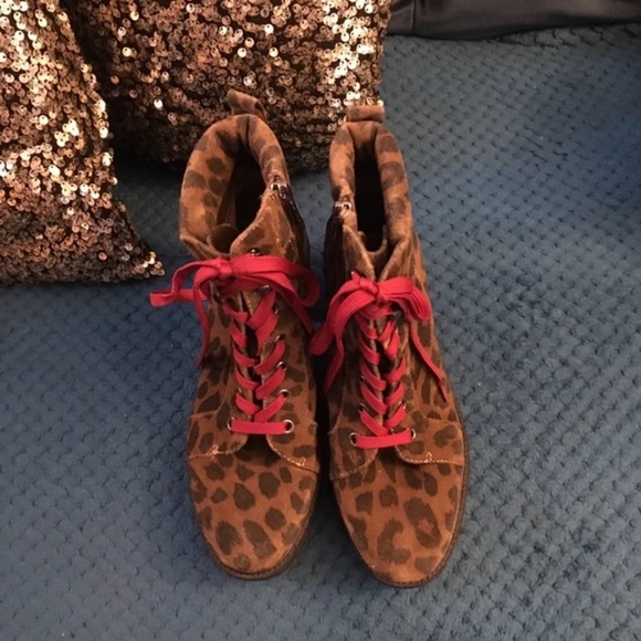 Vince Camuto Leopard Print Ankle Boots with Red Laces - Picture 2 of 5